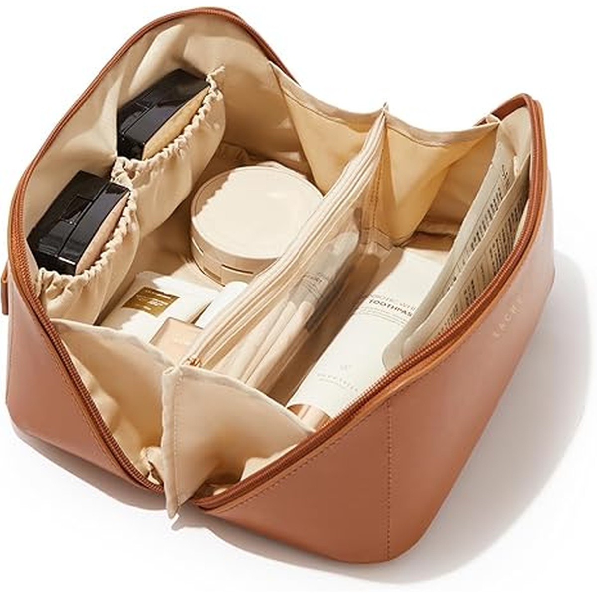 EACHY Large Capacity Travel Cosmetic Bag for Women, Waterproof PU Leather Makeup Organizer Bag with Handle and Divider, Toiletry Bag for Skincare, Cosmetics, Toiletries